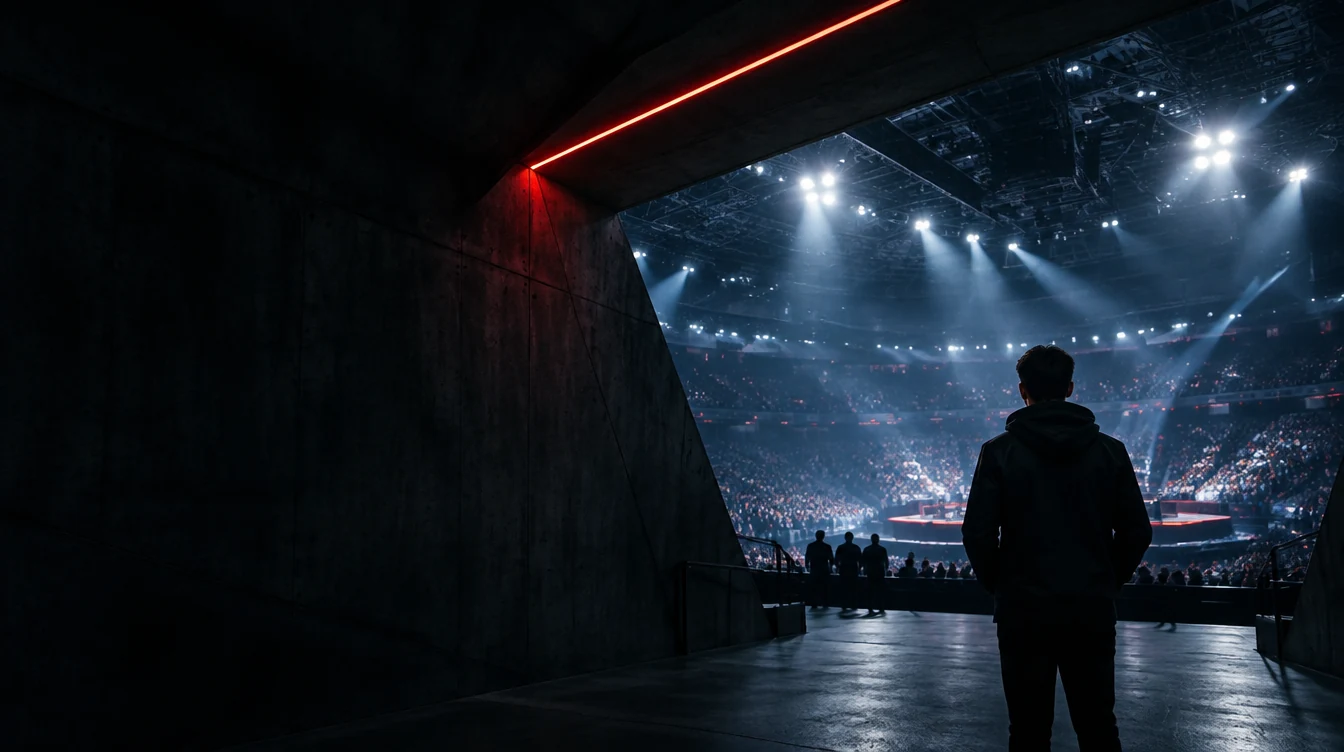 A competitor walking through the tunnel into a floodlit esports arena